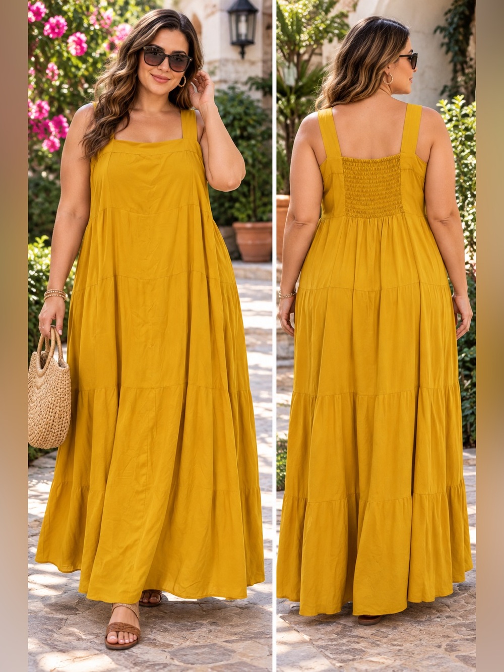 Vince Camuto 3X Mustard Yellow Rayon Maxi Dress NWT Tiered Smocked Boho Resort